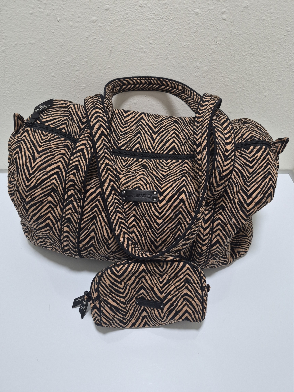 Vera Bradley Black and Tan Zigzag Quilted Baby Bag with Matching Pouch